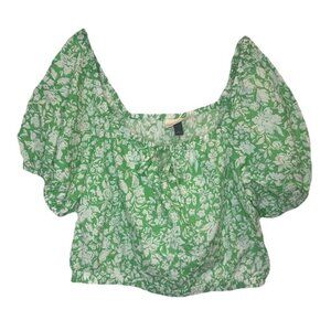 Universal Thread Women’s Green White Floral Balloon Sleeve Cropped Top Sz L NEW